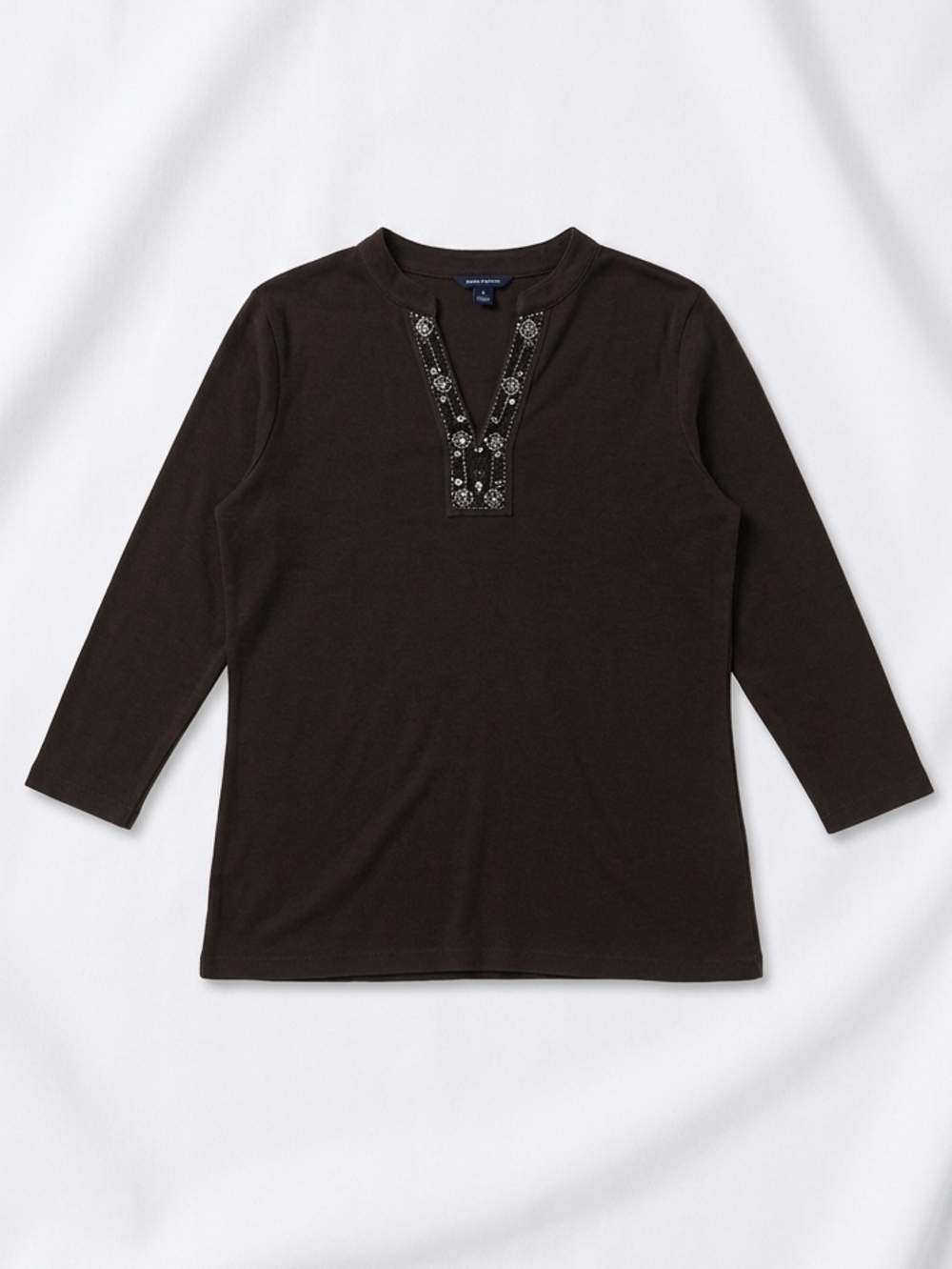 Lands' End Dark Brown Embellished V‑Notch Long Sleeve Tee